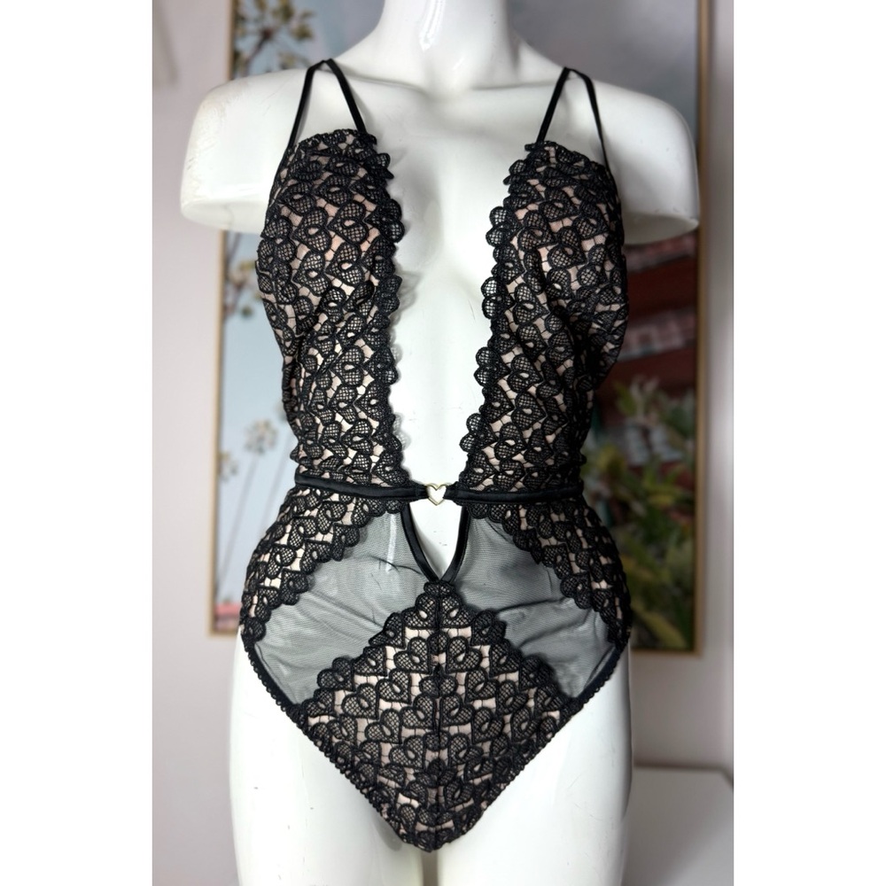Victoria's Secret Black Nude Lace Mesh Bodysuit Teddy Thong Lingerie XL